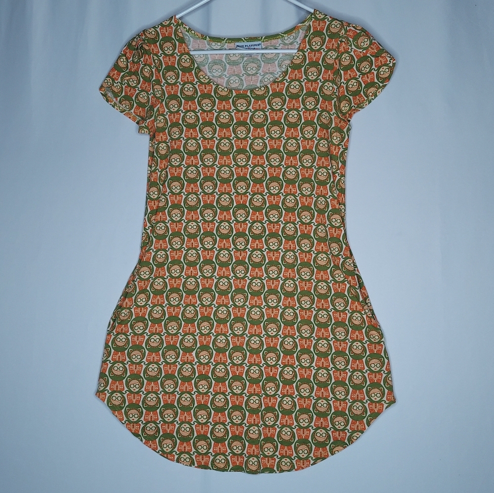 Blue Platypus Tunic Top XS Retro Girl Short Sleeve Pocket‎ Shirt Green Orange